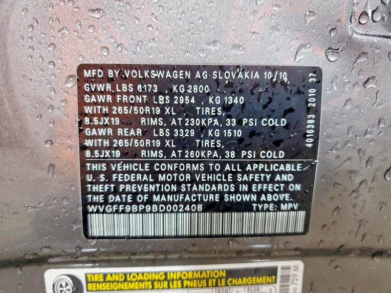 51964876 :رقم المزاد ، WVGFF9BP9BD002408 vin ، 2011 Volkswagen Touareg مزاد بيع
