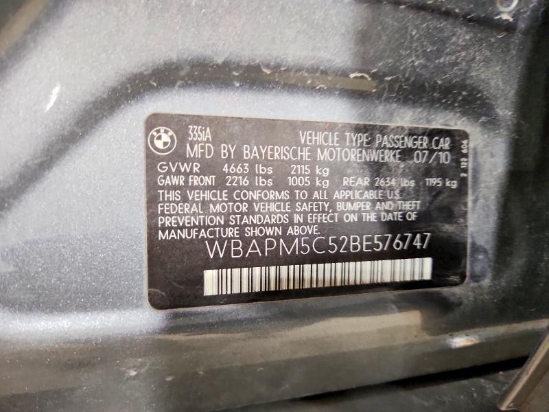 2011 Bmw 335 მანქანა იყიდება აუქციონზე, vin: WBAPM5C52BE576747, აუქციონის ნომერი: 51435206