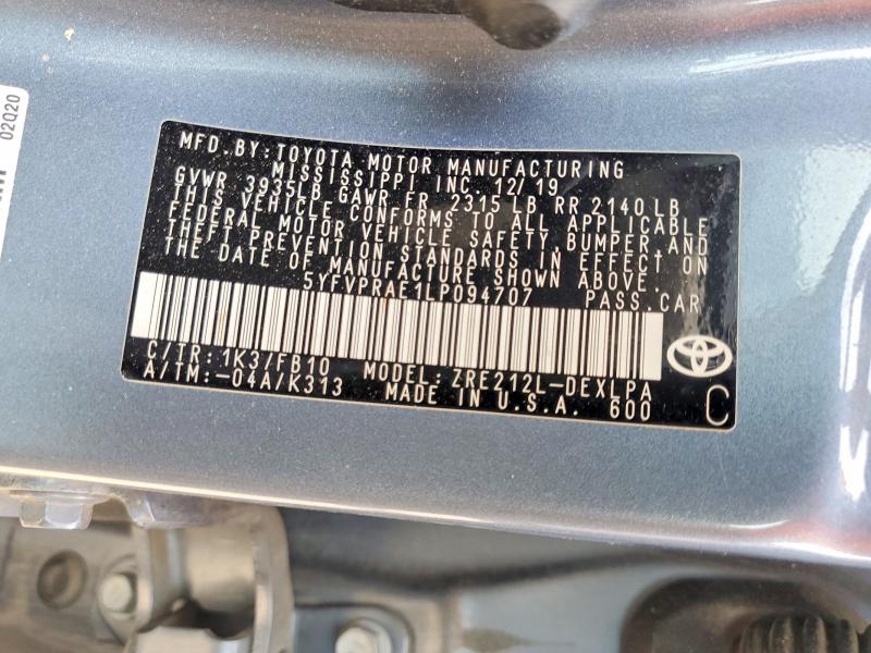 51077656 :رقم المزاد ، 5YFVPRAE1LP094707 vin ، 2020 Toyota Corolla مزاد بيع