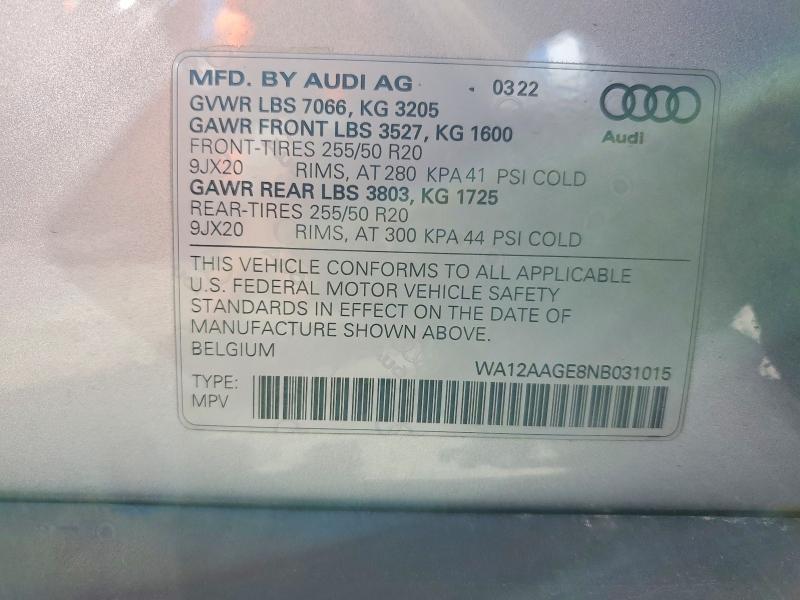 2022 Audi E-tron მანქანა იყიდება აუქციონზე, vin: WA12AAGE8NB031015, აუქციონის ნომერი: 47939026