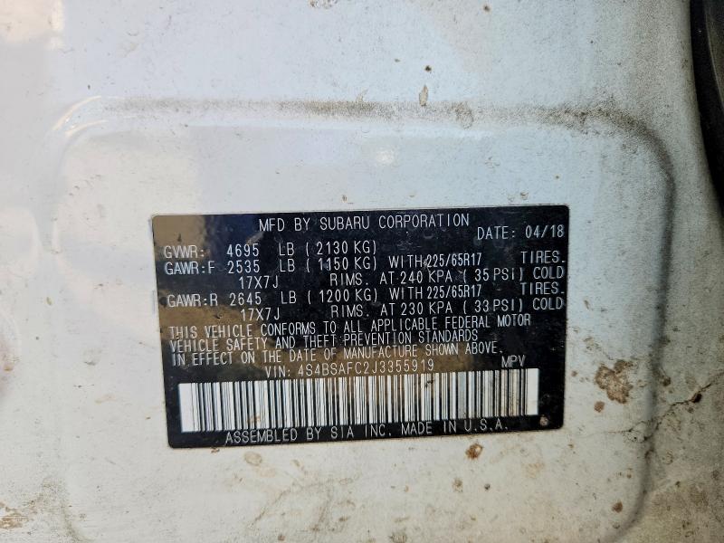 Продаж на аукціоні авто 2018 Subaru Outback, vin: 4S4BSAFC2J3355919, номер лоту: 50662136