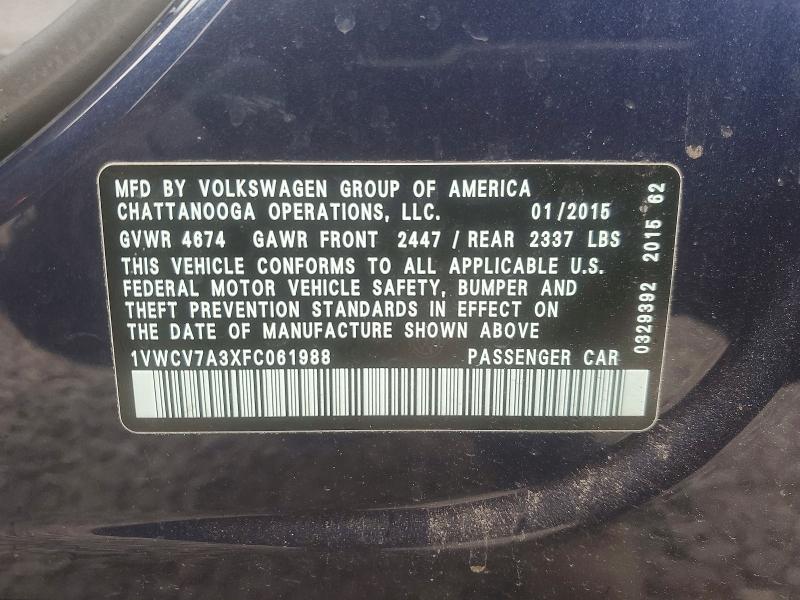 51346606 :رقم المزاد ، 1VWCV7A3XFC061988 vin ، 2015 Volkswagen Passat مزاد بيع