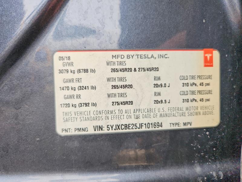 2018 Tesla Model X მანქანა იყიდება აუქციონზე, vin: 5YJXCBE25JF101694, აუქციონის ნომერი: 49408906