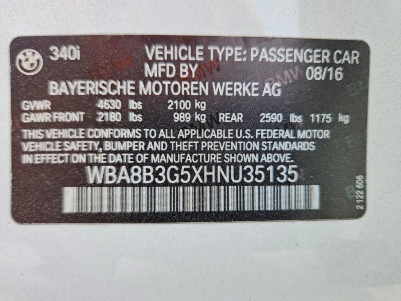 Продаж на аукціоні авто 2017 Bmw 340, vin: WBA8B3G5XHNU35135, номер лоту: 47979586
