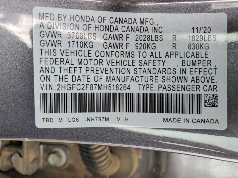 Aukcja sprzedaży 2021 Honda Civic, vin: 2HGFC2F87MH518264, numer aukcji: 48648496