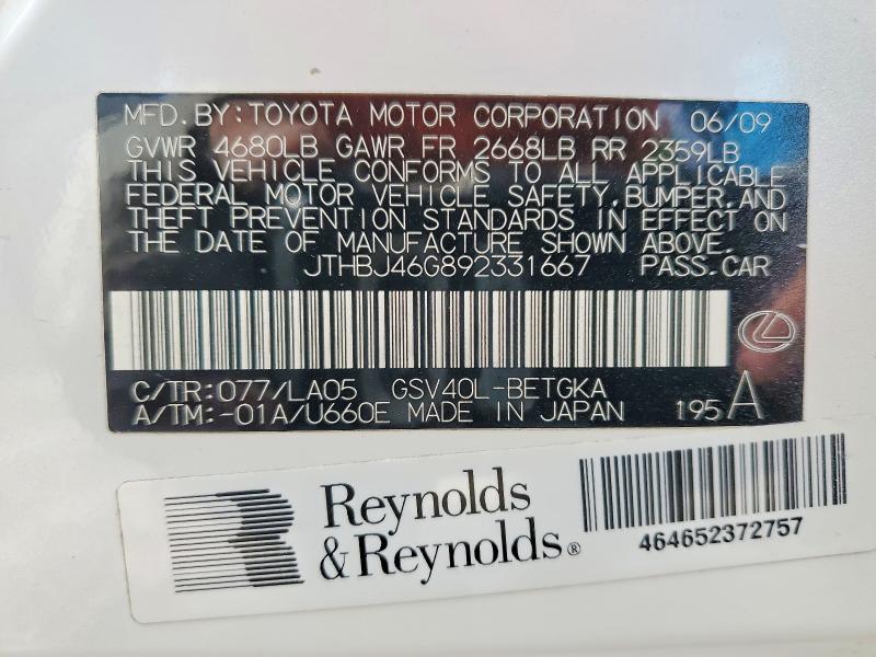 Aukcja sprzedaży 2009 Lexus Es, vin: JTHBJ46G892331667, numer aukcji: 50111966