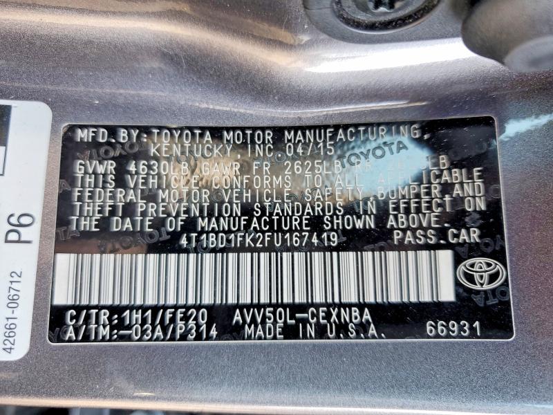 51052376 :رقم المزاد ، 4T1BD1FK2FU167419 vin ، 2015 Toyota Camry Hybrid مزاد بيع