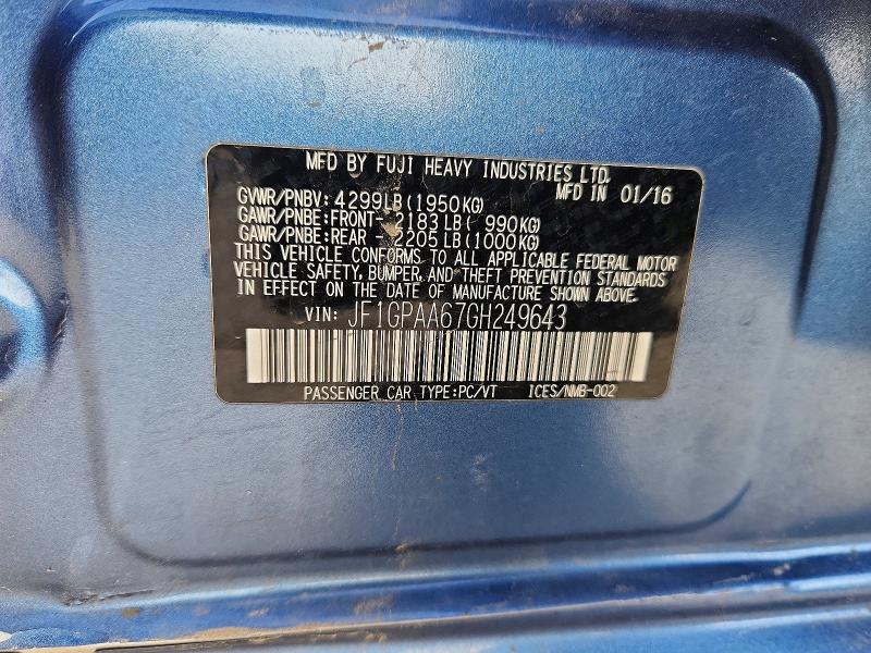 Продаж на аукціоні авто 2016 Subaru Impreza, vin: JF1GPAA67GH249643, номер лоту: 49437996