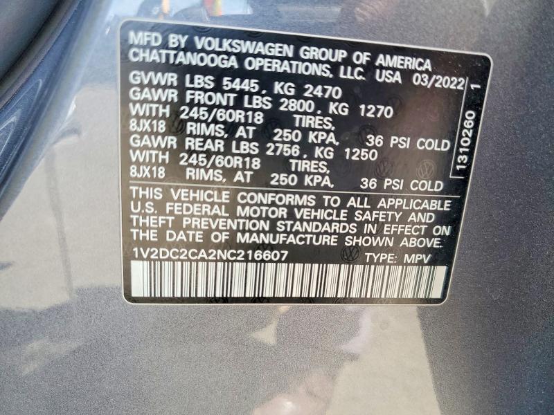 2022 Volkswagen Atlas Cross Sport მანქანა იყიდება აუქციონზე, vin: 1V2DC2CA2NC216607, აუქციონის ნომერი: 49849826