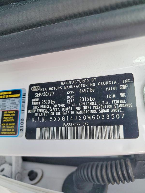 Aukcja sprzedaży 2021 Kia K5, vin: 5XXG14J20MG033507, numer aukcji: 50822886