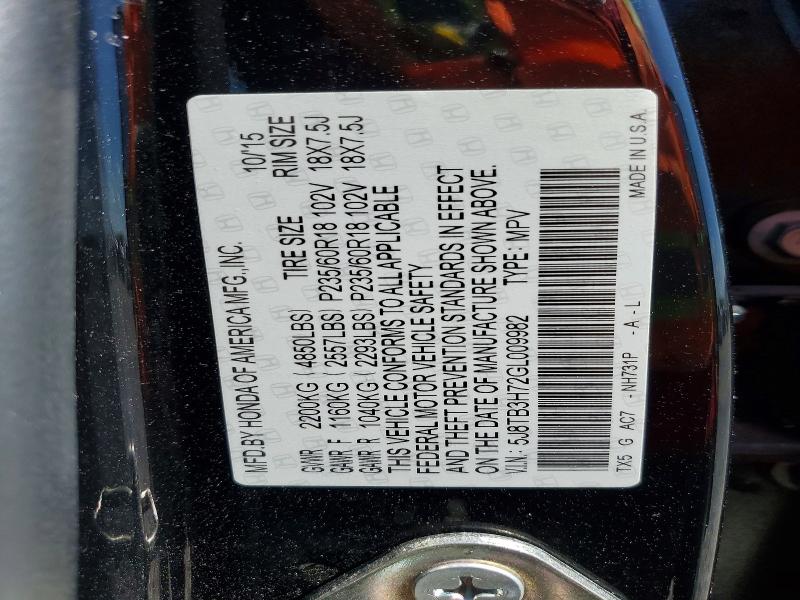 50297386 :رقم المزاد ، 5J8TB3H72GL009982 vin ، 2016 Acura Rdx مزاد بيع