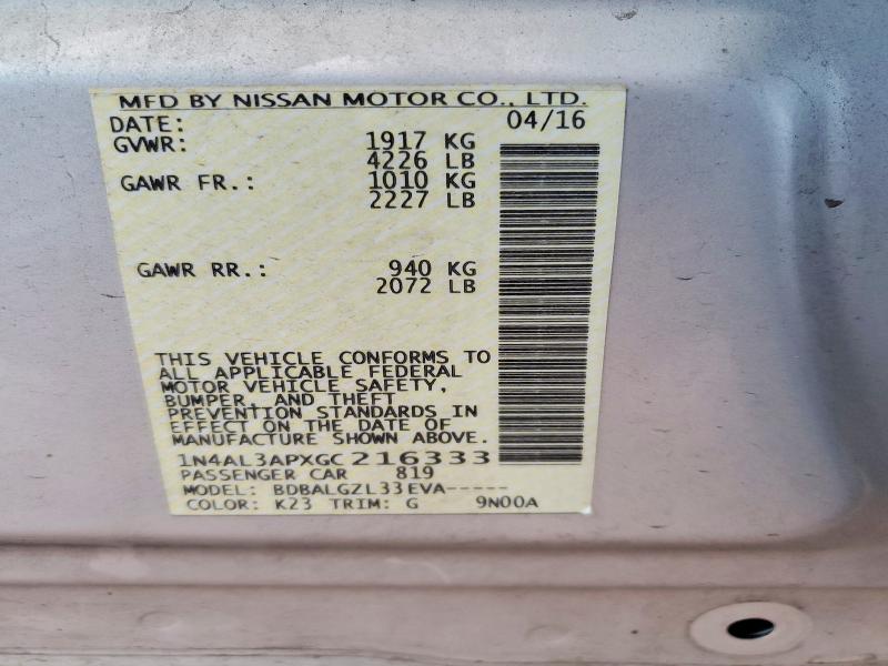 2016 Nissan Altima მანქანა იყიდება აუქციონზე, vin: 1N4AL3APXGC216333, აუქციონის ნომერი: 50467676
