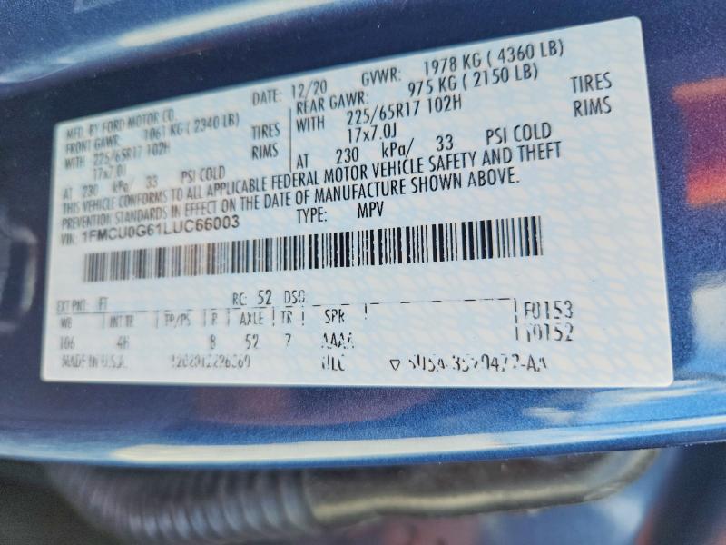 2020 Ford Escape მანქანა იყიდება აუქციონზე, vin: 1FMCU0G61LUC66003, აუქციონის ნომერი: 45465656