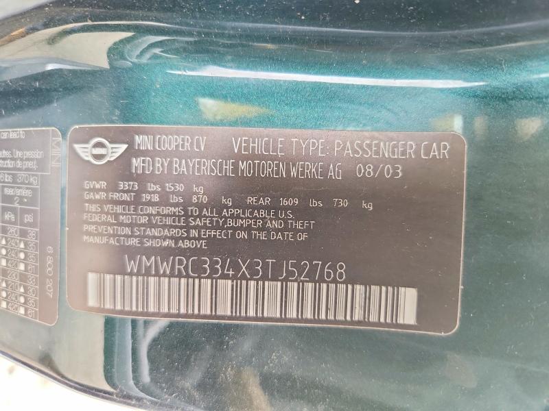 2003 Mini Cooper მანქანა იყიდება აუქციონზე, vin: WMWRC334X3TJ52768, აუქციონის ნომერი: 51322746