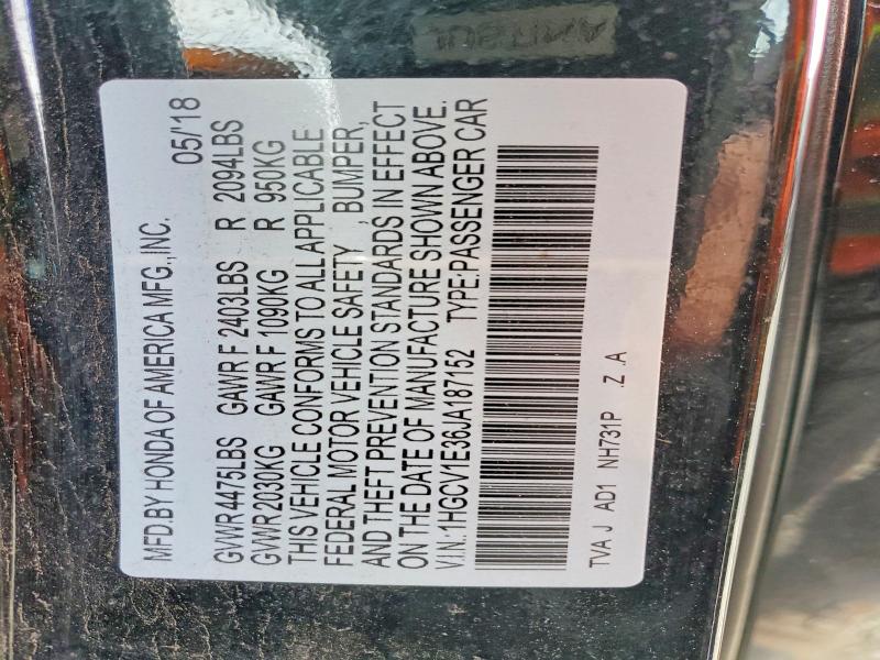 Продажа на аукционе авто 2018 Honda Accord, vin: 1HGCV1E36JA187152, номер лота: 48860406