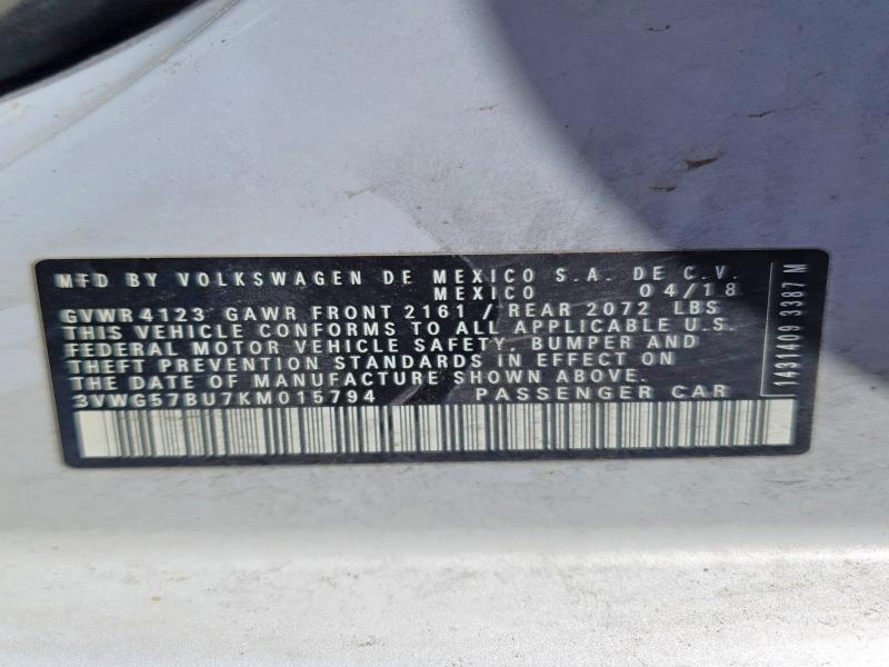 2019 Volkswagen Jetta მანქანა იყიდება აუქციონზე, vin: 3VWG57BU7KM015794, აუქციონის ნომერი: 51200386
