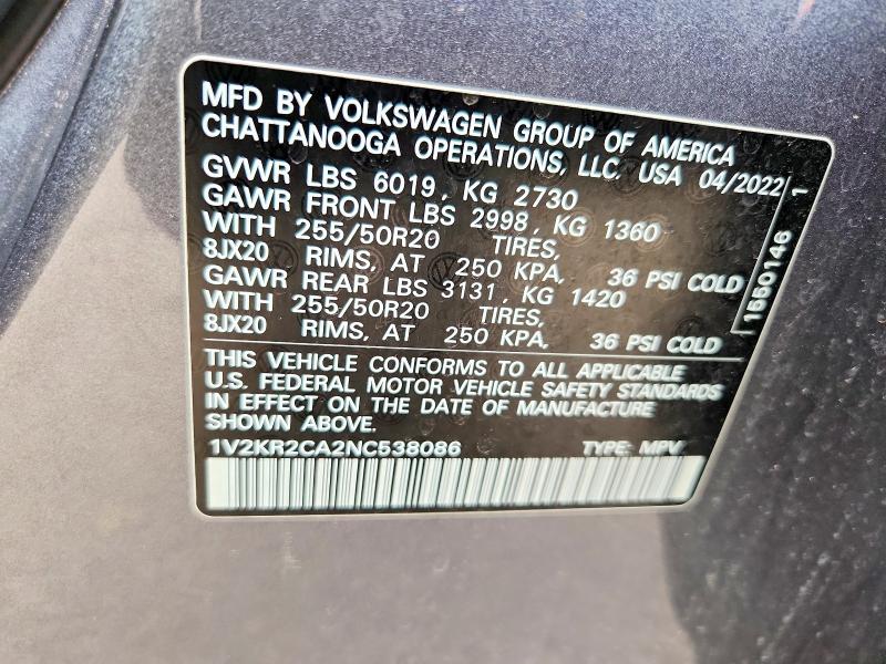 Aukcja sprzedaży 2022 Volkswagen Atlas, vin: 1V2KR2CA2NC538086, numer aukcji: 50167656