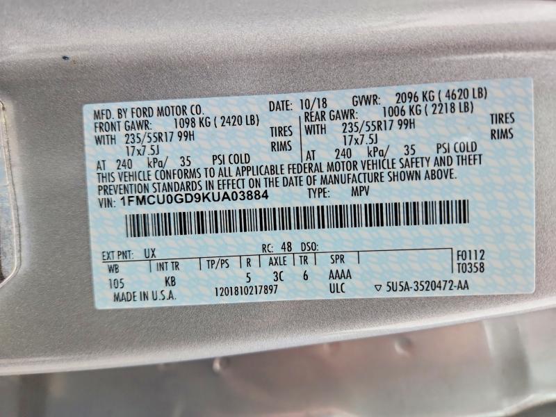 Продажа на аукционе авто 2019 Ford Escape, vin: 1FMCU0GD9KUA03884, номер лота: 51567396