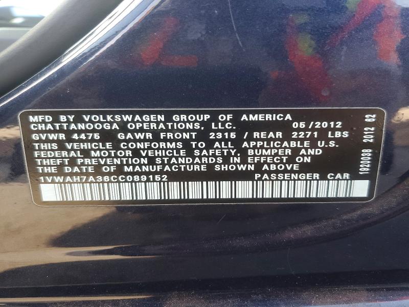 48920176 :رقم المزاد ، 1VWAH7A36CC089152 vin ، 2012 Volkswagen Passat مزاد بيع