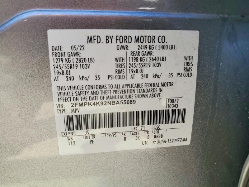 Продаж на аукціоні авто 2022 Ford Edge, vin: 2FMPK4K92NBA55689, номер лоту: 50837586
