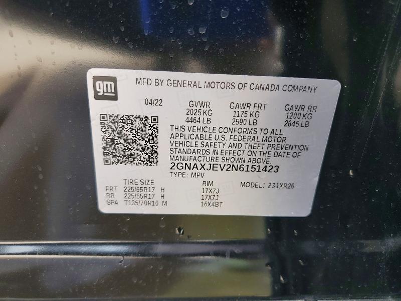 Aukcja sprzedaży 2022 Chevrolet Equinox, vin: 2GNAXJEV2N6151423, numer aukcji: 48837176