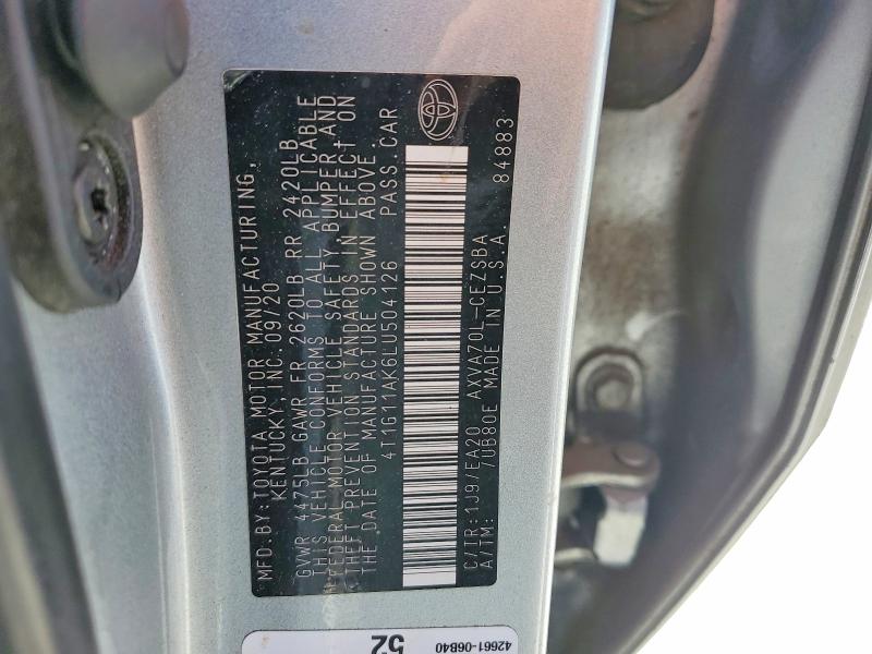 Aukcja sprzedaży 2020 Toyota Camry, vin: 4T1G11AK6LU504126, numer aukcji: 50647676