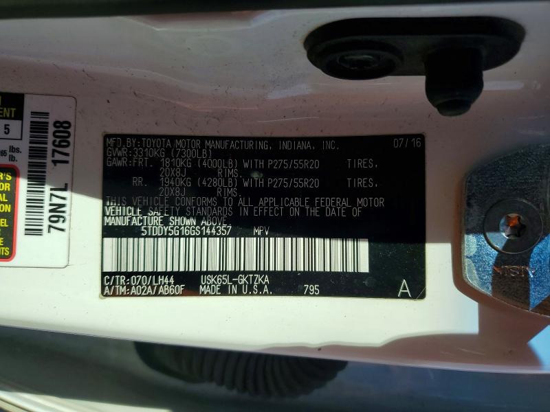 49606116 :رقم المزاد ، 5TDDY5G16GS144357 vin ، 2016 Toyota Sequoia مزاد بيع