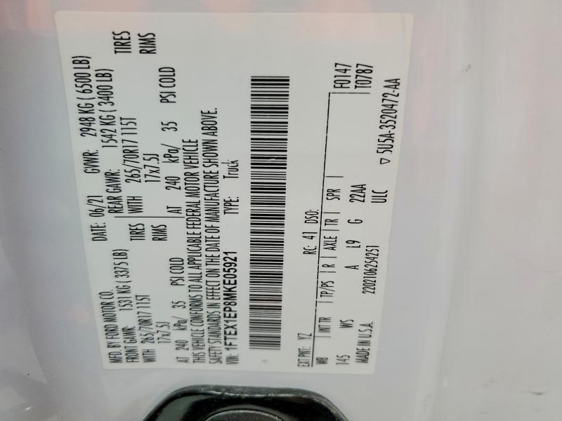 Aukcja sprzedaży 2021 Ford F150, vin: 1FTEX1EP8MKE05921, numer aukcji: 45791176