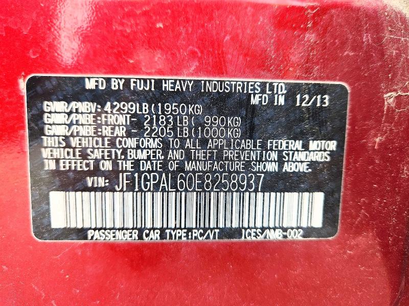2014 Subaru Impreza მანქანა იყიდება აუქციონზე, vin: JF1GPAL60E8258937, აუქციონის ნომერი: 51879856
