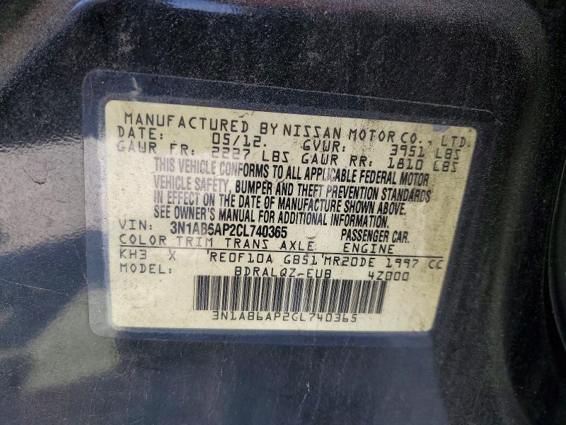 49153576 :رقم المزاد ، 3N1AB6AP2CL740365 vin ، 2012 Nissan Sentra مزاد بيع