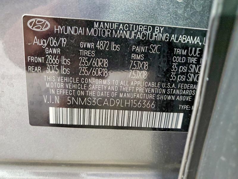 2020 Hyundai Santa Fe მანქანა იყიდება აუქციონზე, vin: 5NMS3CAD9LH156366, აუქციონის ნომერი: 50578726