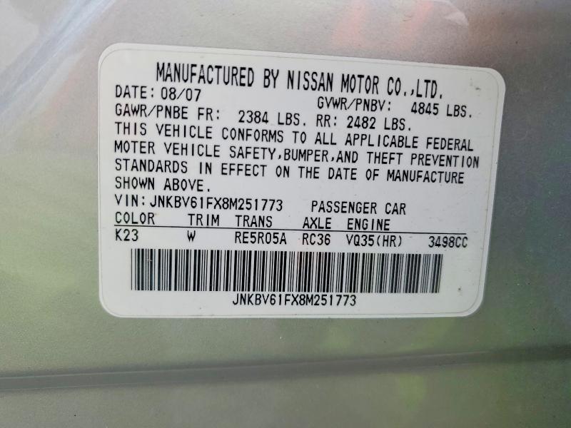 Aukcja sprzedaży 2008 Infiniti G35, vin: JNKBV61FX8M251773, numer aukcji: 50438556