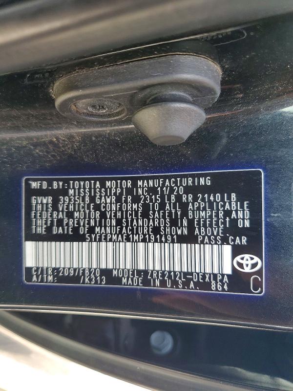 Aukcja sprzedaży 2021 Toyota Corolla, vin: 5YFEPMAE1MP191491, numer aukcji: 48256566
