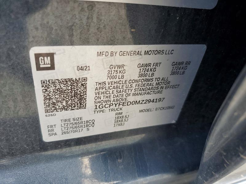 Aukcja sprzedaży 2021 Chevrolet Silverado, vin: 1GCPYFED0MZ294197, numer aukcji: 46052766