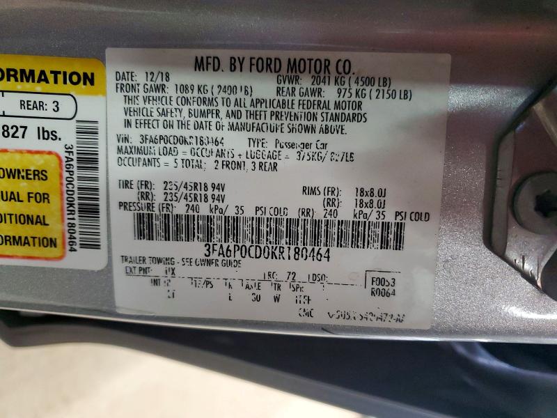 Продаж на аукціоні авто 2019 Ford Fusion, vin: 3FA6P0CD0KR180464, номер лоту: 48586256