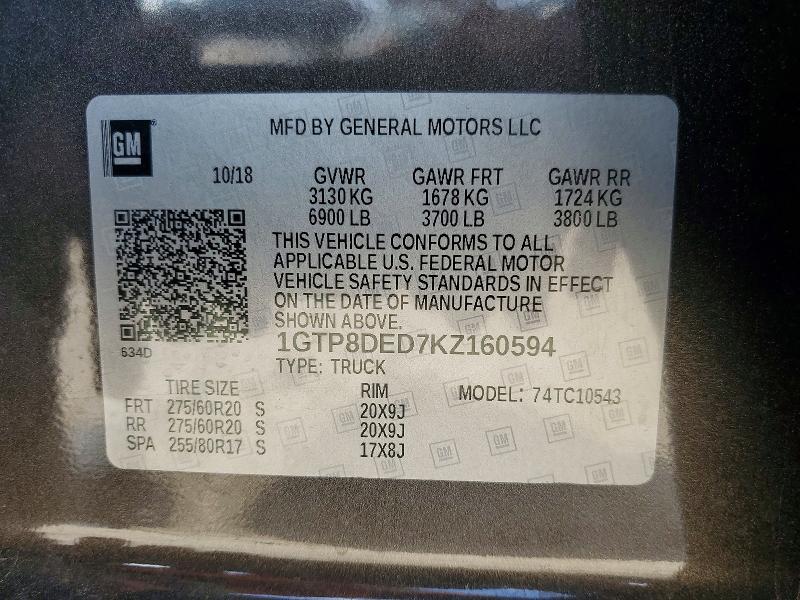 49256116 :رقم المزاد ، 1GTP8DED7KZ160594 vin ، 2019 Gmc Sierra مزاد بيع