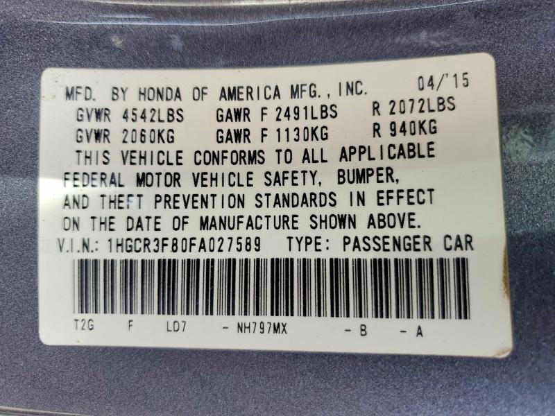 Aukcja sprzedaży 2015 Honda Accord, vin: 1HGCR3F80FA027589, numer aukcji: 48718166