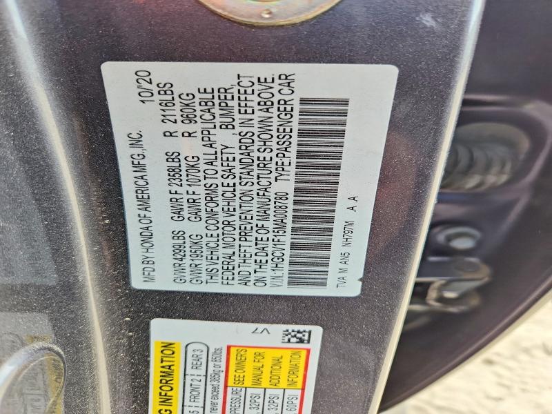 Aukcja sprzedaży 2021 Honda Accord, vin: 1HGCV1F15MA008780, numer aukcji: 51968636