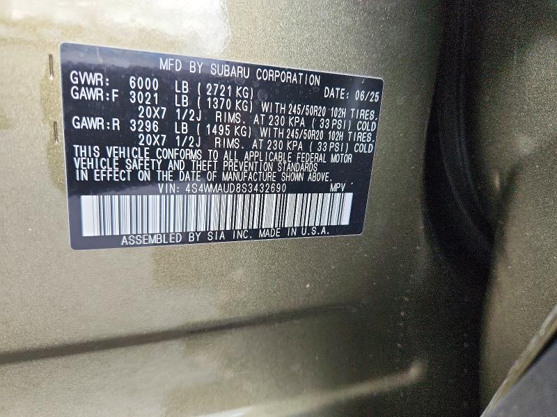 Aukcja sprzedaży 2025 Subaru Ascent, vin: 4S4WMAUD8S3432690, numer aukcji: 50184606