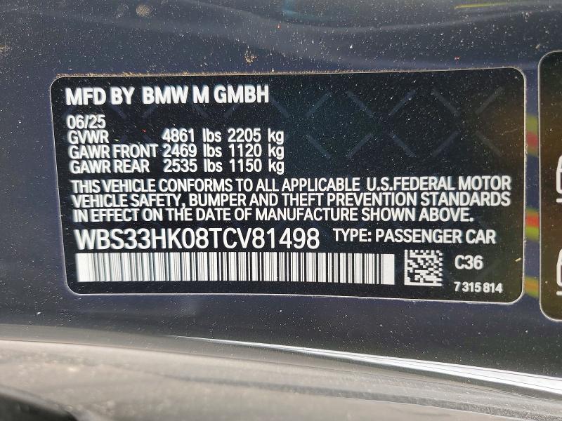 50093196 :رقم المزاد ، WBS33HK08TCV81498 vin ، 2026 Bmw M4 مزاد بيع