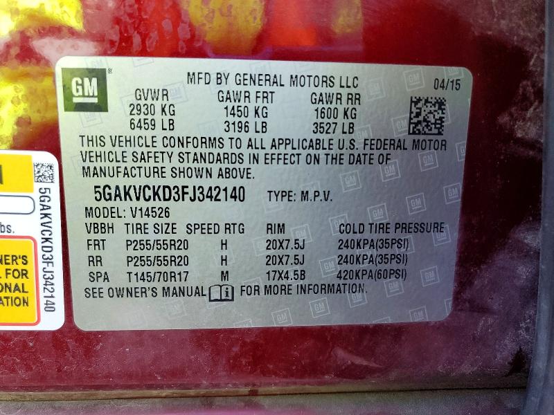 2015 Buick Enclave მანქანა იყიდება აუქციონზე, vin: 5GAKVCKD3FJ342140, აუქციონის ნომერი: 51833686