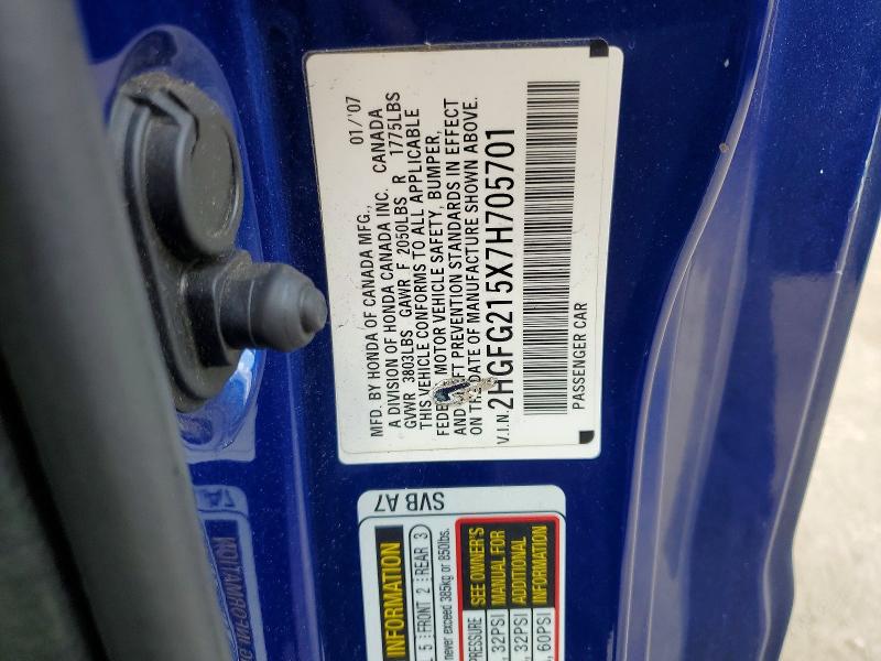 Aukcja sprzedaży 2007 Honda Civic, vin: 2HGFG215X7H705701, numer aukcji: 46540036
