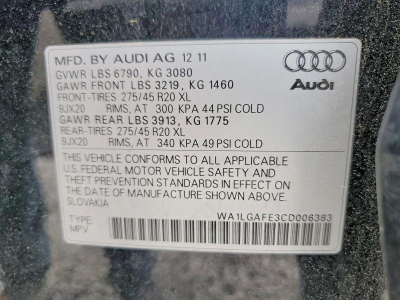 2012 Audi Q7 მანქანა იყიდება აუქციონზე, vin: WA1LGAFE3CD006383, აუქციონის ნომერი: 50442316