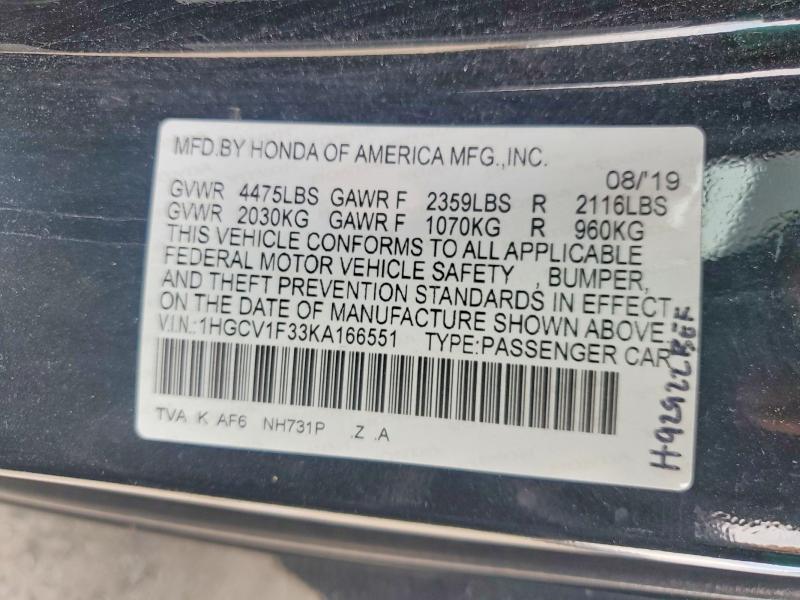 Aukcja sprzedaży 2019 Honda Accord, vin: 1HGCV1F33KA166551, numer aukcji: 50831736
