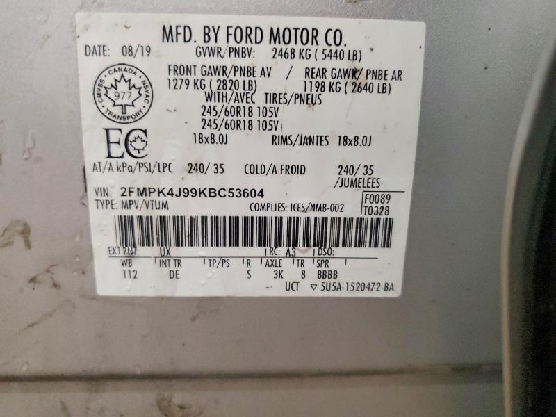 Продаж на аукціоні авто 2019 Ford Edge Sel, vin: 2FMPK4J99KBC53604, номер лоту: 79630855