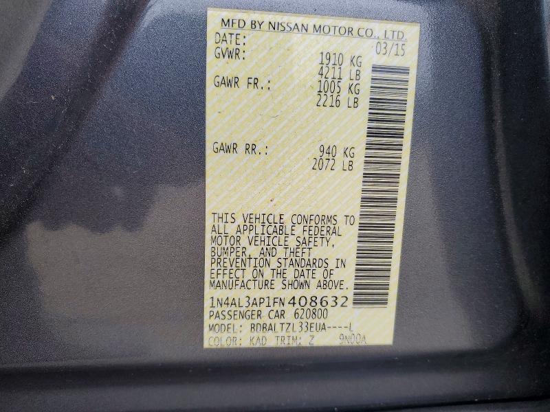 2015 Nissan Altima მანქანა იყიდება აუქციონზე, vin: 1N4AL3AP1FN408632, აუქციონის ნომერი: 50560966