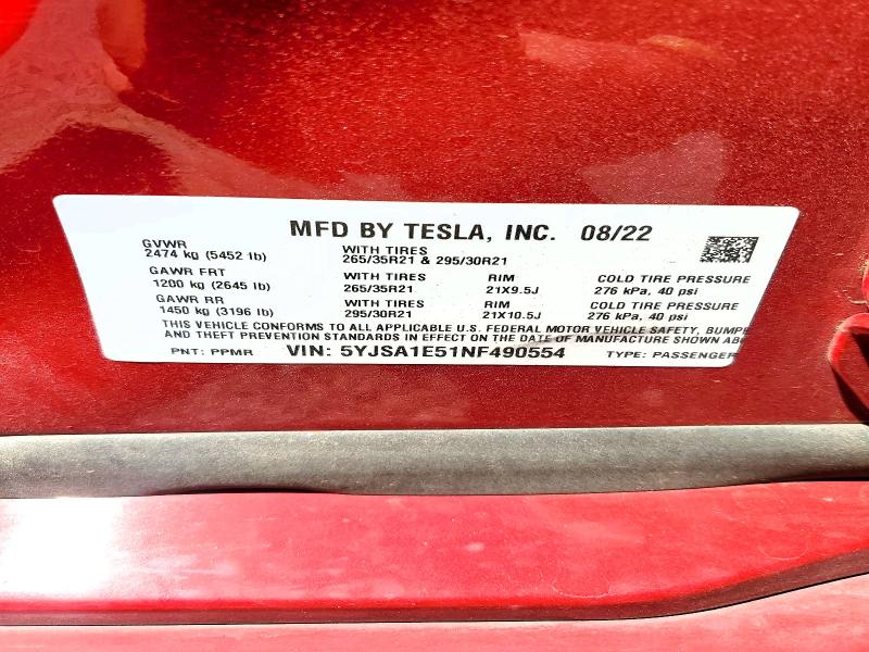 Aukcja sprzedaży 2022 Tesla Model S, vin: 5YJSA1E51NF490554, numer aukcji: 50531556