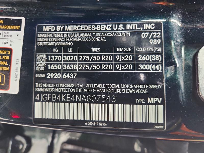 48119886 :رقم المزاد ، 4JGFB4KE4NA807543 vin ، 2022 Mercedes-benz Gle مزاد بيع