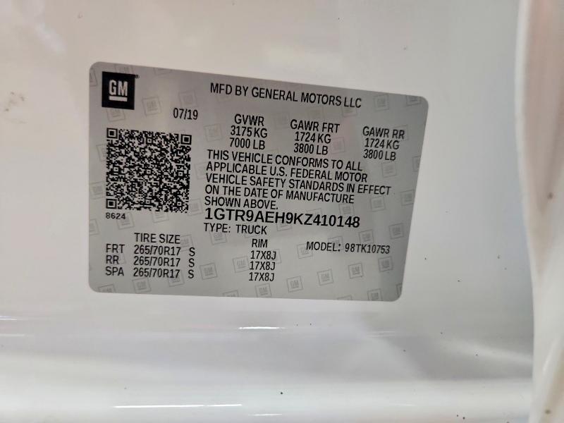 51582876 :رقم المزاد ، 1GTR9AEH9KZ410148 vin ، 2019 Gmc Sierra مزاد بيع