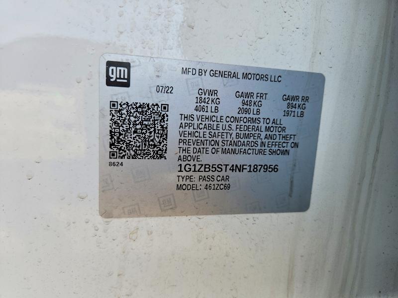 49726226 :رقم المزاد ، 1G1ZB5ST4NF187956 vin ، 2022 Chevrolet Malibu مزاد بيع